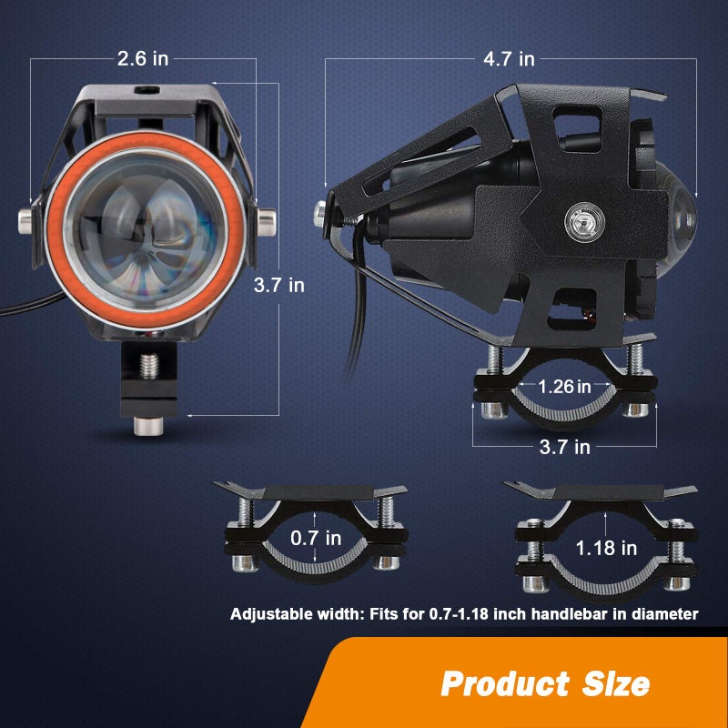 Mosleyz Motorcycle LED Fog Lights U7 Spotlight Daytime Running Lights with Red Angel Eyes Halo Ring and ON/Off Toggle Switch 2-Sets - Image 2